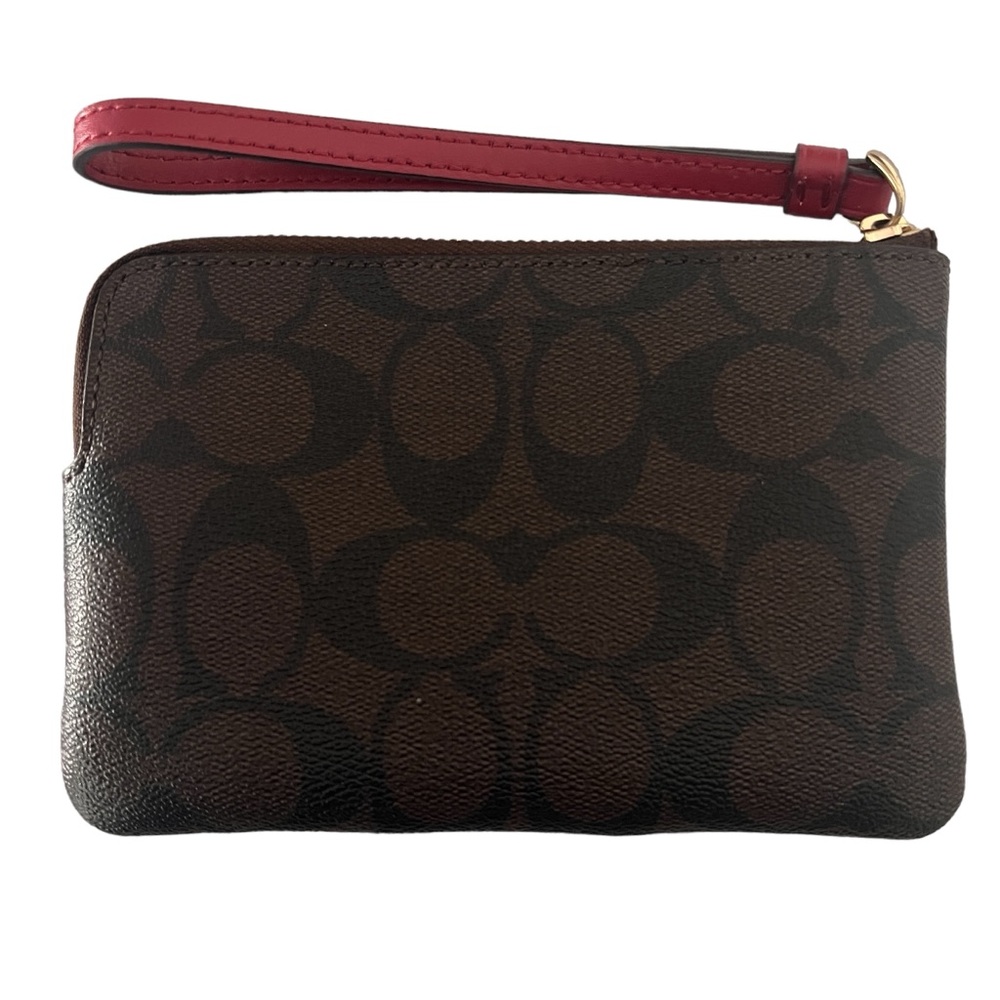 Coach Signature Brown & Red Wristlet Zip Pouch Wallet Clutch Gold Tone Logo - Picture 2 of 7